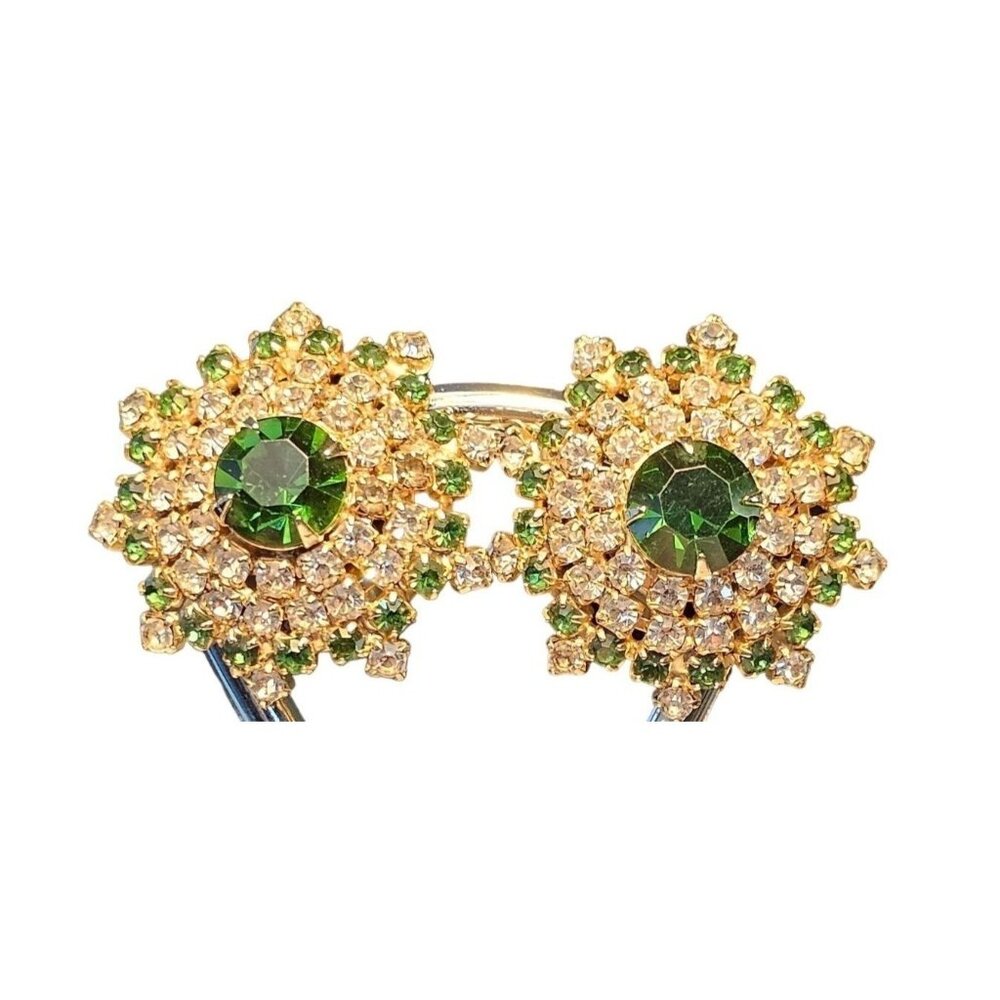 Vintage Hobe Emerald Green Rhinestone Earrings Gold Tone Starburst Roller Clip